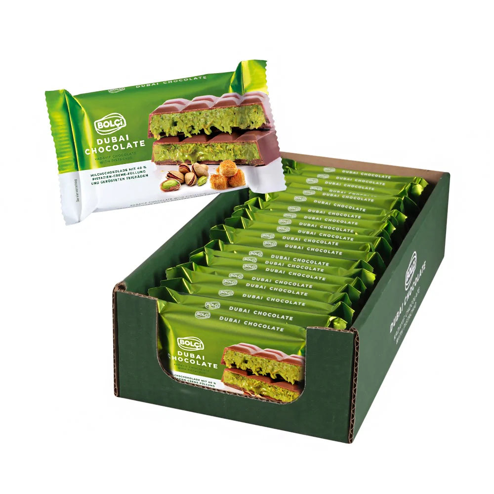 Pack de 20 Bolçi Dubai Chocolate – L’Alliance Parfaite du Chocolat, de la Pistache et de la Kunafa !